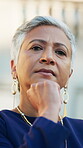 Lawyer, vision and face with business woman in city for legal aid, reflection and attorney pride. Thinking, courthouse advisory and justice with mature person outdoor for trial and consultant