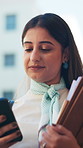Cellphone, walking and businesswoman in city with texting, networking or communication on mobile app. Technology, commute and female person with phone for online email or contact in urban town.
