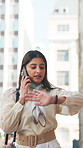 City, rush and businesswoman with watch, phone call or communication with contact for media campaign. Serious, publicist and person with mobile for discussion, hurry and walking to work on street
