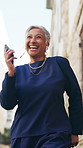 Earphones, dancing and mature businesswoman in city with good news, achievement or finance project approval. Smile, energy and female financial manager with groove for job promotion in urban town.