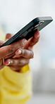 Texting, response and hands with phone, website search and communication on online app. Digital, message and woman with technology, internet research and social media update on virtual platform.