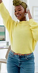 Headphones, music and black woman in home dancing on work break for streaming, audio and playlist. Remote worker, WFH and happy person with movement listening to song, radio and track for good mood