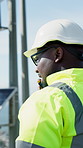Phone call, talking and black man with solar panels for installation, maintenance and inspection. Engineer, electricity and person on cellphone for conversation, chat and update for renewable energy
