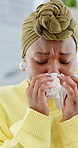 Sick, sneeze and black woman with tissue in home with cold, virus infection and sinusitis. Health, blowing nose and person with toilet paper for nasal congestion, allergies and hayfever in flu season