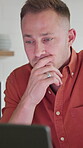 Thinking, reading and man with laptop in home for remote work, campaign proposal idea and copywriting. Planning, advertising and freelancer with research for brand identity perspective, pc or project