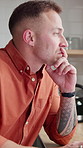 Thinking, planning and man in kitchen for remote work, campaign proposal reflection and copywriting. Home, advertising and freelancer with choice for brand identity, project development or creativity