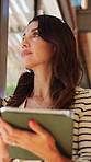 Home, thinking and woman on tablet by window with reflection, copywriting and research. Apartment, wfh and mature person on digital tech for freelance writer with review, inspiration or feedback