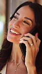 Happy woman, phone call and discussion on break in home, laughing and talking with contact or gossip. House, chat and mature person with mobile for communication, listening and funny conversation