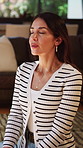 Breathing, calm and woman in home with meditation for relax, peace or mindfulness in morning. Balance, stress relief and female person with yoga exercise for grounding, wellness or health in house.