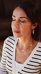 Breathing, relax and woman in home with meditation for calm, peace or mindfulness in morning. Balance, stress relief and female person with yoga exercise for grounding, wellness or health in house.