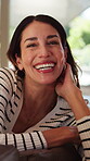 Face, happiness and woman on break in house, laughing or chilling on peaceful holiday in living room. Mature person, smile and humor on weekend, calm and comfortable on sofa and resting in home