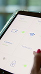 Hands, woman and scroll with tablet screen for smart home control, alarm system and automation. Person, digital and dashboard for lights, thermostat safety and monitor network with house surveillance