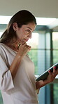 Scroll, online and woman with tablet in home, thinking and reading article with internet connection. Happy, mature person and relax with tech on weekend break, browsing and ebook on website in house
