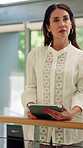 Tablet, thinking and reading with woman in home for reflection, planning or freelancer. Remote worker, project inspiration and online editor with mature person in apartment for vision and perspective