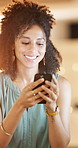 Smile, business and woman in office, phone for online campaign and website for advertising agency. Person, mobile user and professional in workplace, happiness and tech for social media subscription