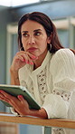 Businesswoman, thinking and project with tablet in office, publisher or planning for ebook marketing. Creative, online and mature person with publishing decision, serious and reflection on ad budget