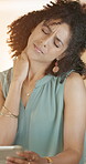 Stress, tablet or woman with neck pain in home for muscle fatigue, workload and remote work. Tech, african person and massage joint discomfort in house for bad posture, freelancing deadline and flare