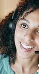 Call center, happy and woman in agency with headset, order processing or customer outreach for online store. Telemarketing, mic or agent with tech, digital sales or delivery tracking in crm service.