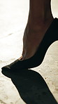 Cigarette, floor and shoe of business woman on smoke break for nicotine, tobacco and addiction. Professional, worker and person little on ground with bad habit, unhealthy routine and smoking in city