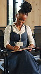 Writing, ideas and woman with journal in seminar, think and planning for training session or speech. Black person, serious and preparing for presentation with notebook, reflection and brainstorming