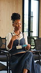 Woman, rehearsal and talk with note in seminar, writing and preparing fort raining session or speech. Serious, black person and practice for presentation with reminder and public speaking preparation