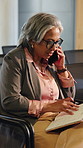 Phone call, notebook and businesswoman in office with schedule, appointment or agenda for meeting. Cellphone, diary and mature female manager on mobile discussion for administration in workplace.