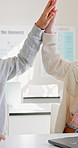 Students, teamwork and high five with laptop in classroom for achievement, learning and goal. Education, computer and people with celebration of success, partnership and knowledge in highschool