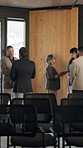 Business, people and talking at conference event for networking, interaction and job opportunity. Employees, discussion and corporate seminar for recruitment expo, talent acquisition and partnership