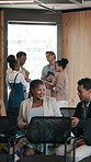 Business, people and talking at seminar event for networking, interaction and job opportunity. Employees, discussion and corporate conference for recruitment expo, talent acquisition and partnership