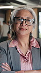 Face, confidence and business woman in office with experience, about us or proud finance consultant. Portrait, glasses and mature investment advisor with arms crossed at work, corporate or executive