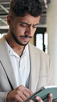 Man, confused and typing in office with tablet for guest list, review and problem solving. Event planner, reservation and person with tech for vendor management, mistake or issue for venue booking