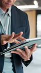 Tablet, hands and businessman in office, scroll and compliance audit for risk management. Technology, typing and advisor in company with research email, policy regulation and review corporate report
