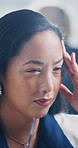 Headache, glasses and woman in office with pressure, frustrated or tension with discomfort. Business, tech and employee in workplace with specs, migraine pain or inflammation with dizziness. 