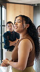 Business, woman or presenter with audience for workshop, professional development advice or guidance. Mic, seminar and happy speaker with tips for career progression, motivational speech or education