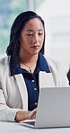 Business, woman and typing on laptop in office for claims management, coverage request or research. Staff, insurance broker and tech at agency for risk assessment, renew client policy and compliance