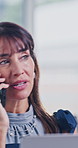 Business woman, phone call and conversation in office for advice, feedback or consultation for financial planning. Contact, laptop and broker in agency for budget review, research or report update