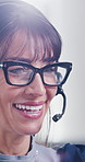 Call center, glasses and woman in office with headset, contact us or outbound sales in online communication. Telemarketing, mic and mature agent with specs, lead generation or outreach in crm service
