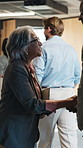 Business people, welcome and shaking hands at conference, smile and introduction with host. Seminar, man and woman with handshake for greeting in office with guest arrival, hello and thank you