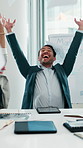 Happy, businessman and celebration with documents in air for project completion or business success. Excited, man or employees clapping with smile or throwing paperwork for profit, revenue or done