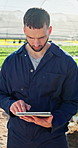 Man, reading and tablet for farming in greenhouse for research, agriculture and checklist for growth. Person, scroll or digital for food production, online inventory and quality assurance for harvest