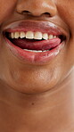Dental, happy and self care with mouth of woman for gum health, oral hygiene and healthcare. Veneers, teeth whitening and cleaning with closeup of lips of person for orthodontic, wellness and smile