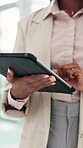 Hands, research and tablet with woman lawyer in office for legal aid, council or representation. App, law firm and legislation with attorney scrolling at agency for court case or trial planning