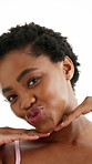 Hands,, skincare and face of black woman in studio for self care, aesthetic and glow. Smile, dermatology or collagen rejuvenation with person on white background for shine, beauty and hydration