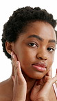 Shine, skincare and face of black woman in studio for self care, aesthetic and glow. Beauty, dermatology or collagen rejuvenation with person on white background for clean, smooth skin and hydration