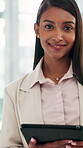 Face, friendly and tablet with woman lawyer in office for legal aid, council or representation. Law firm, legislation and technology with happy attorney at agency for court case or trial research