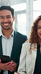Laugh, face and smile with business people in office for ambition, finance career or opportunity. Development, financial advisor and portrait with humor, comedy and team, in agency for management