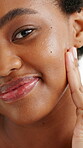 Beauty, skincare and face of black woman in studio for self care, aesthetic and glow. Smile, dermatology or collagen rejuvenation with person on white background for shine, smooth skin and hydration