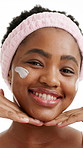 Skincare, cream and face of happy woman in studio for anti aging, dermatology and hydration. Smile, portrait and African person with lotion for moisturizer, cosmetics and beauty on white background