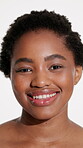 Shine, skincare and face with black woman in studio for beauty, dermatology or self care. Smile, glow and grooming with female person on white background for hydration, collagen and clear skin