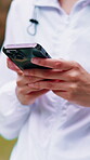 Woman, hands and typing outdoor with phone, text message and connection for fitness app notification. Person, scroll and browsing with tech for internet, social media and website for wellness tips.